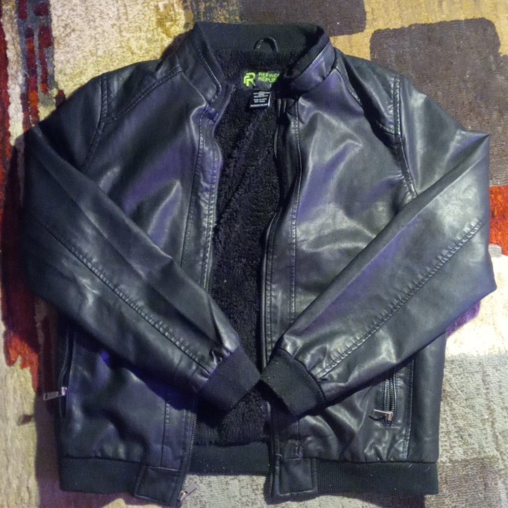 Large black leather bomber jacket by Refinery Republic